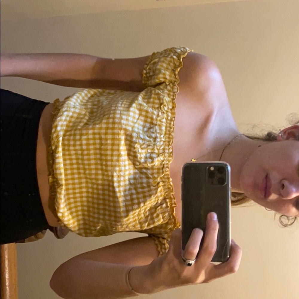 Off the shoulder gingham shirt